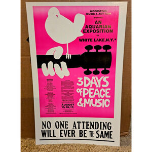 Vintage 1969 Poster - Concert Woodstock An Aquarian Exposition White Lake NY